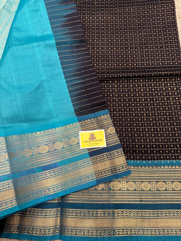 Black with Turquoise Blue Body Zari Lakshadeepam Silk Cotton Saree