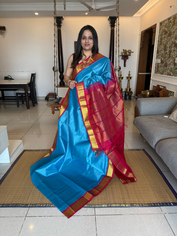 Teal Blue with Red , traditional borders and rich Pallu Korvai Silk Cotton Saree
