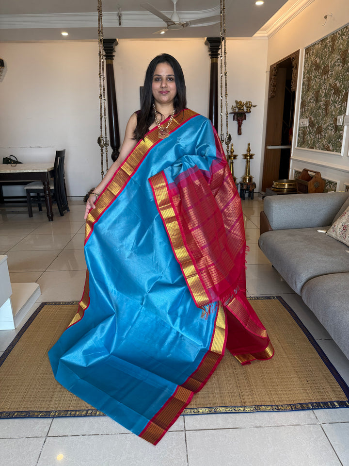 Teal Blue with Red , traditional borders and rich Pallu Korvai Silk Cotton Saree