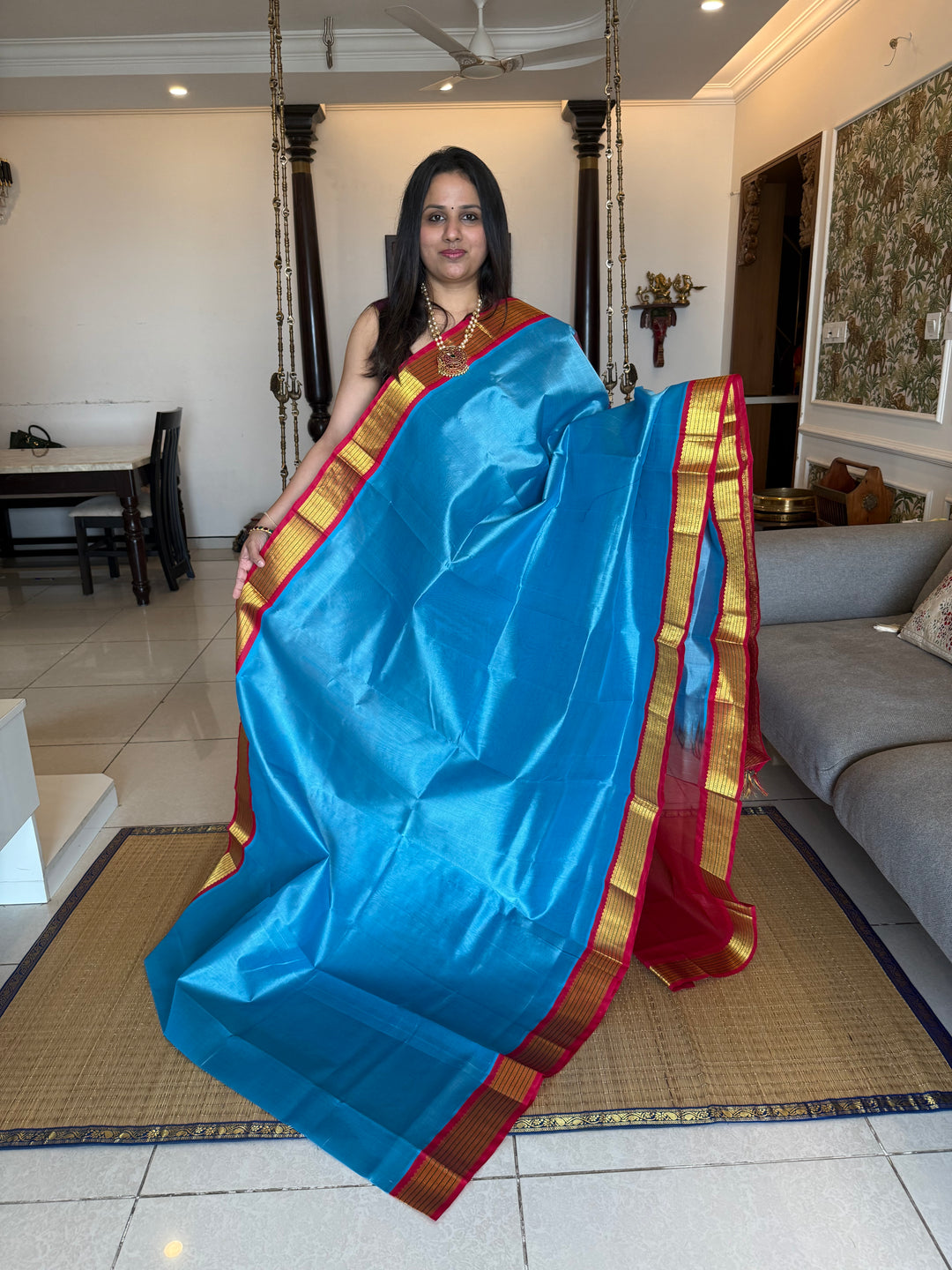 Teal Blue with Red , traditional borders and rich Pallu Korvai Silk Cotton Saree