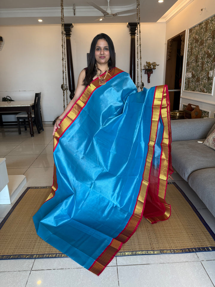 Teal Blue with Red , traditional borders and rich Pallu Korvai Silk Cotton Saree