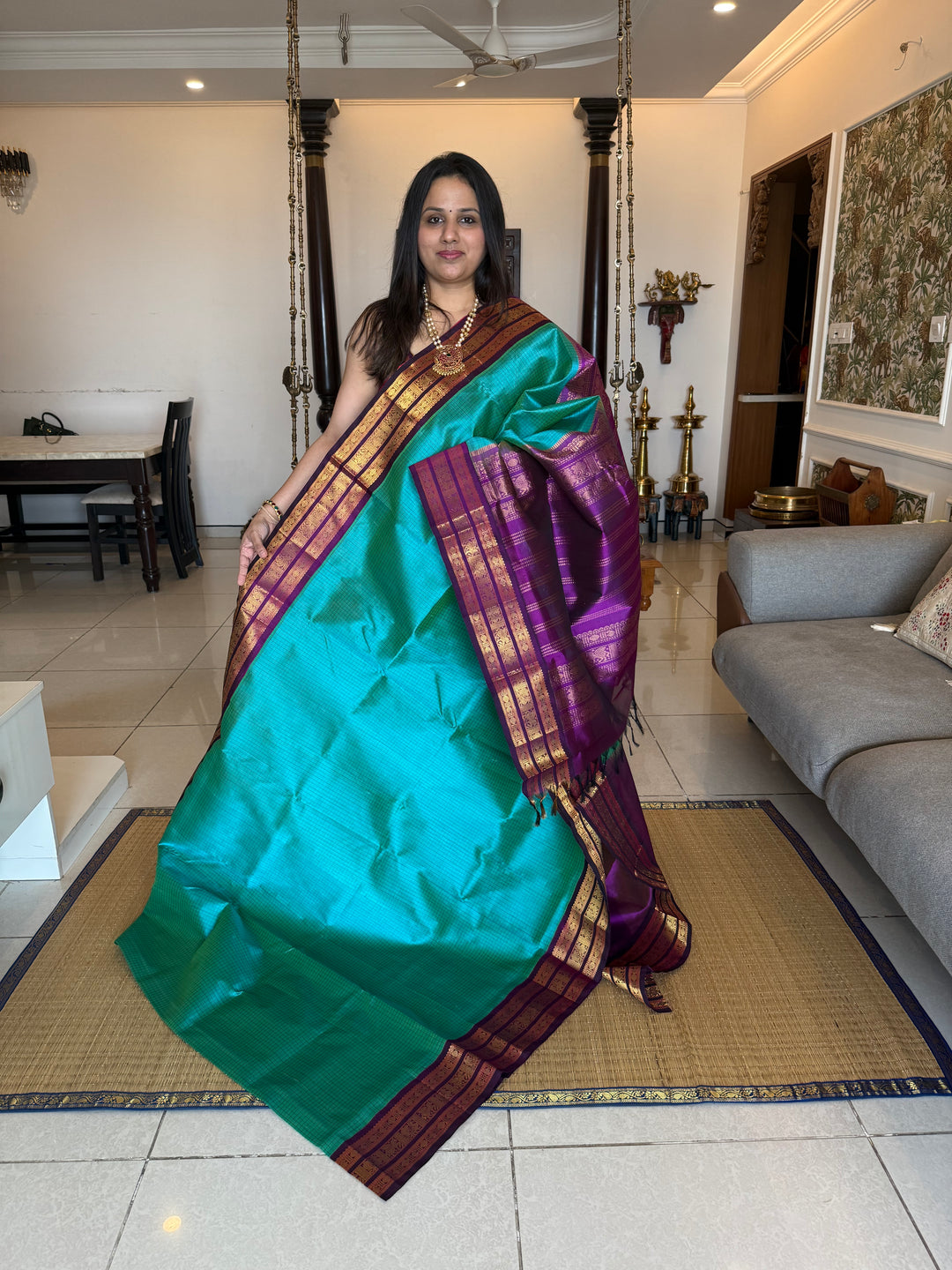 Ramar Blue with Purple , Zari checks in the body with traditional Kanjivaram borders and rich Pallu Korvai Silk Cotton Saree