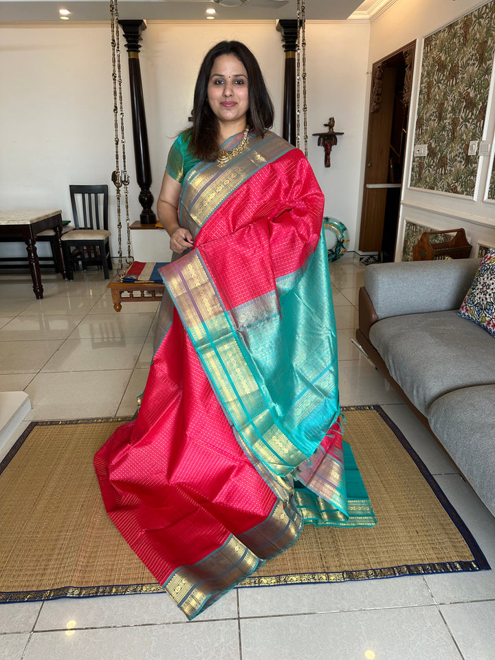 Tomato Red with Turquoise Blue Zari Body Lakshadeepam Silk Cotton Saree