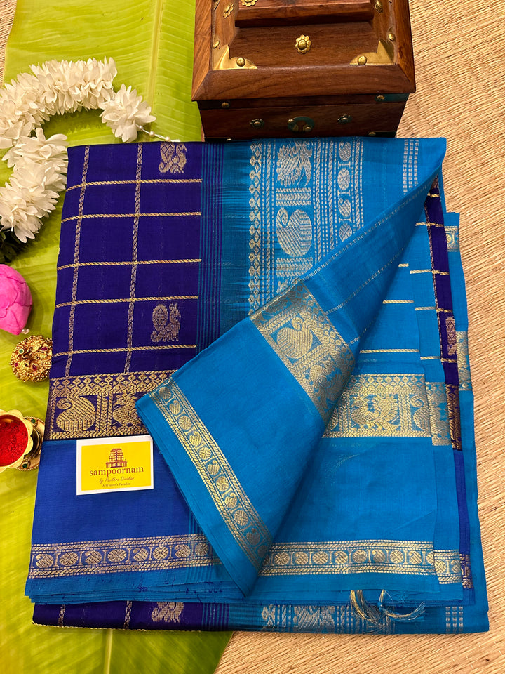 Dark Blue with Light Blue Zari Body Checks and Buttta Silk Cotton Saree