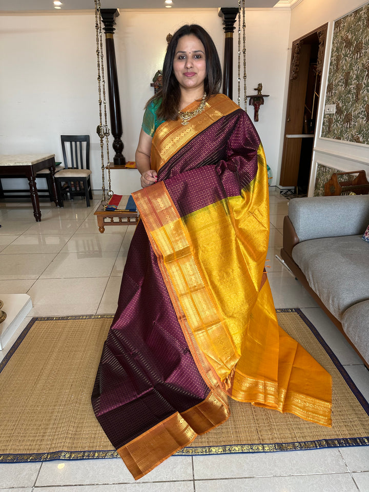 Dark Maroon with Mustard Body Zari Lakshadeepam Silk Cotton Saree