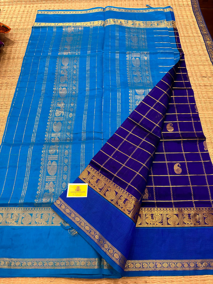 Dark Blue with Light Blue Zari Body Checks and Buttta Silk Cotton Saree