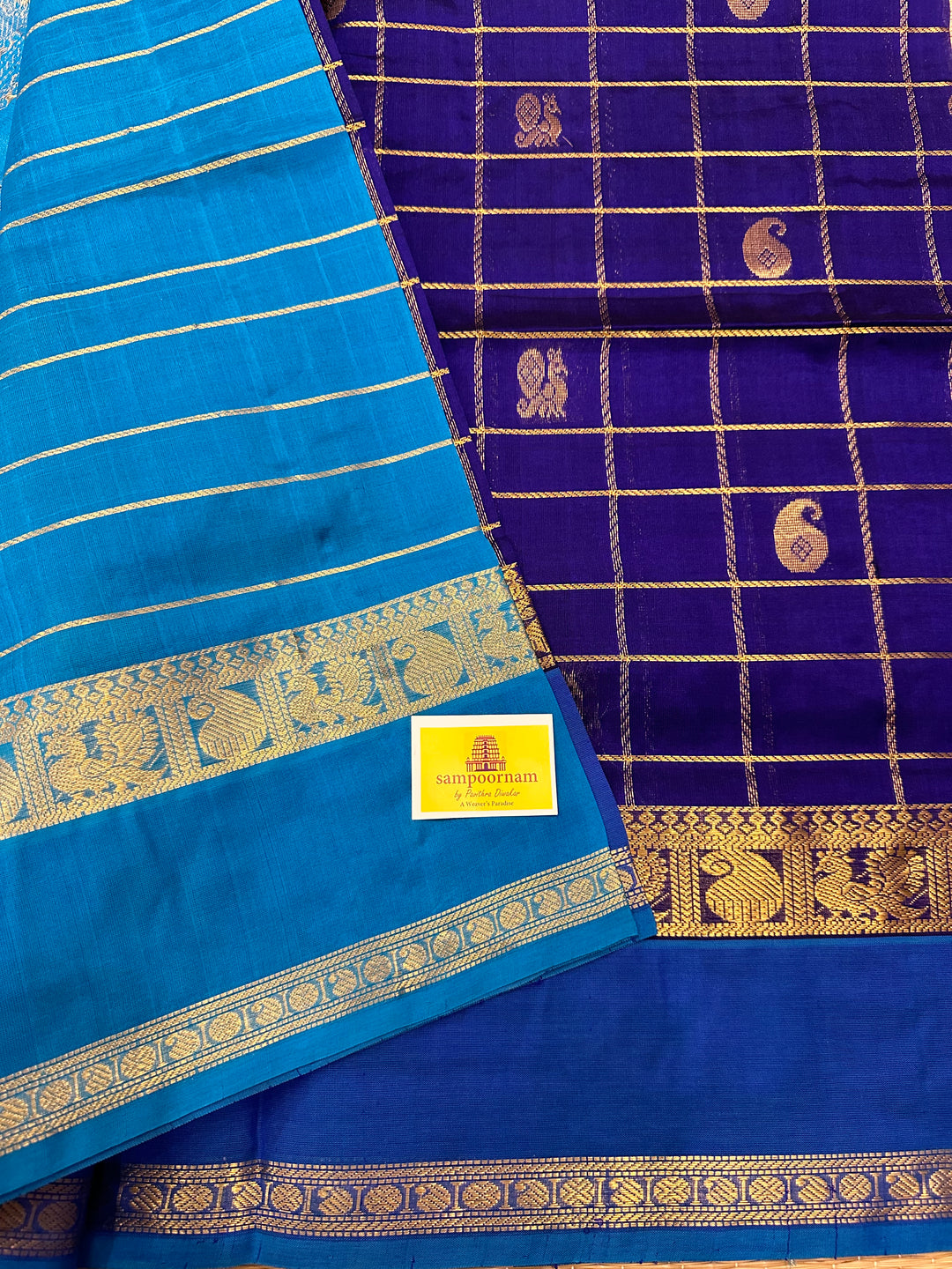 Dark Blue with Light Blue Zari Body Checks and Buttta Silk Cotton Saree