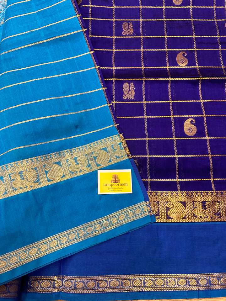 Dark Blue with Light Blue Zari Body Checks and Buttta Silk Cotton Saree