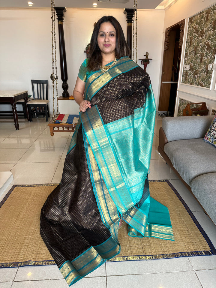 Black with Turquoise Blue Body Zari Lakshadeepam Silk Cotton Saree