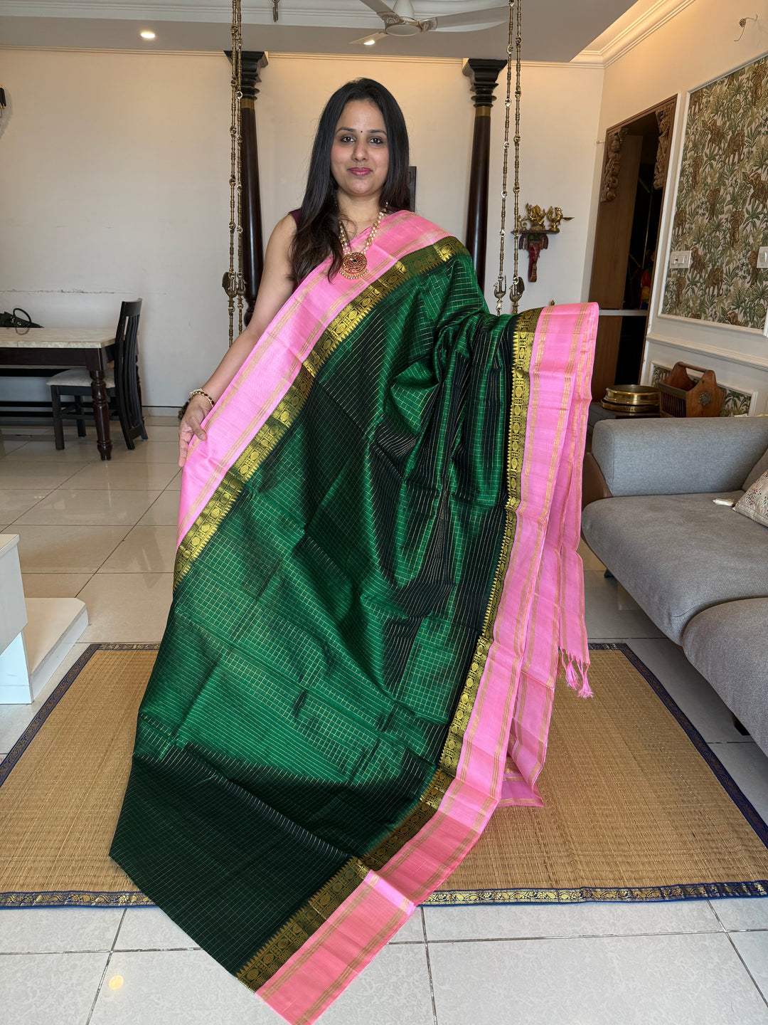 Green with Baby Pink rich Zari checks in the body, traditional rettapet plain border and grand Pallu Korvai Silk Cotton Saree