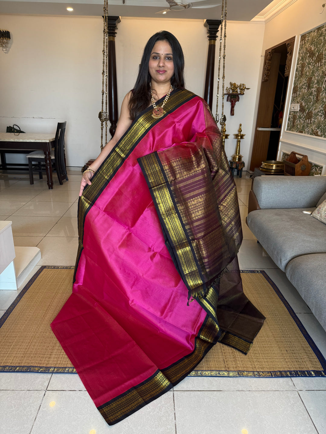 Magenta with Black Vairaoosi Zari lines in the body traditional borders and rich Pallu Korvai Silk Cotton Saree