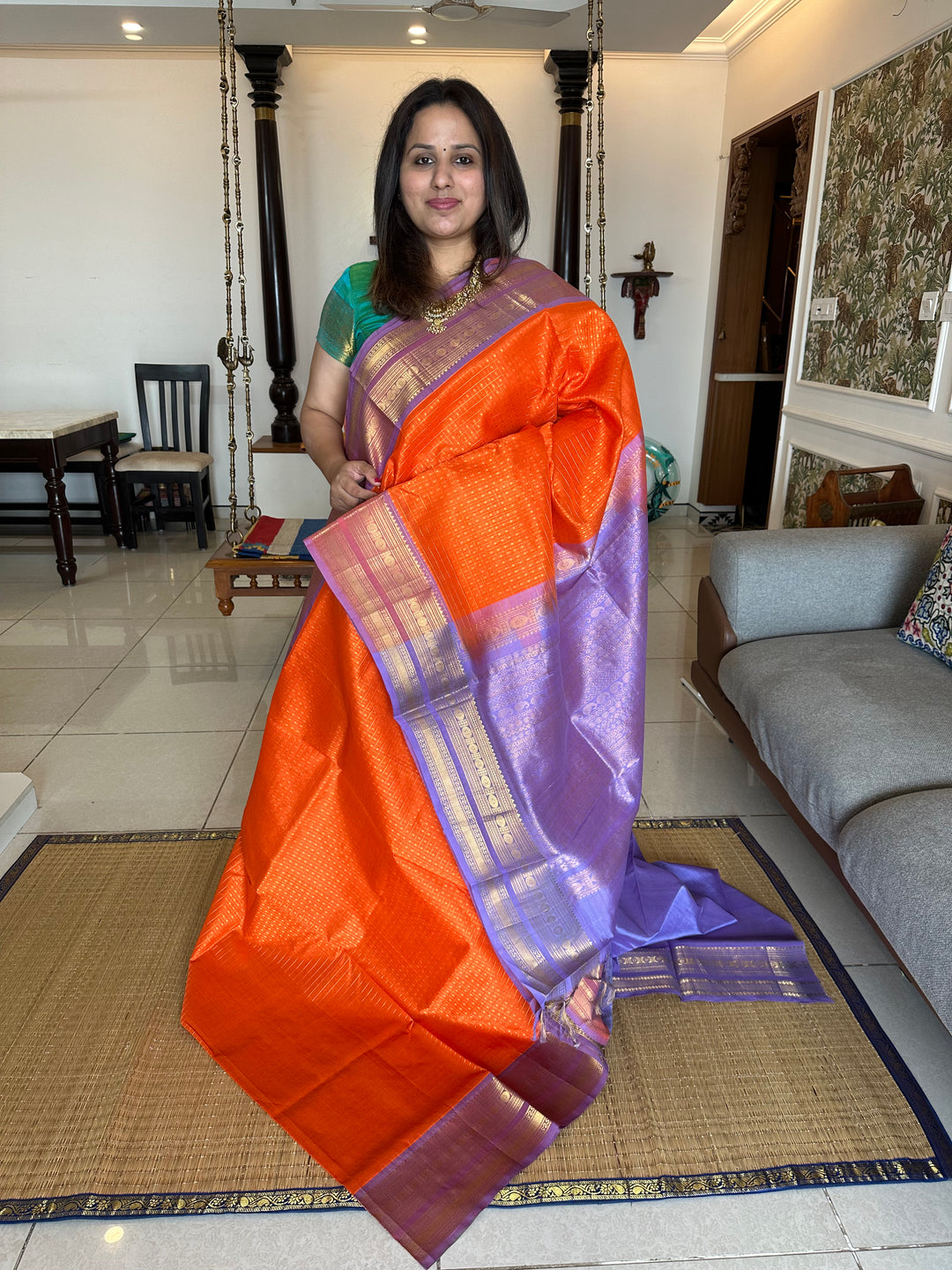 Orange with Lavender Body Zari Lakshadeepam Silk Cotton Saree