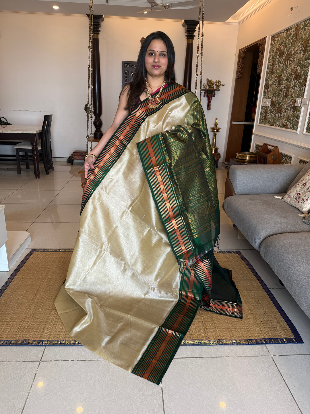 Offwhite with Green rich Kanchi border and grand  Pallu Korvai Silk Cotton Saree