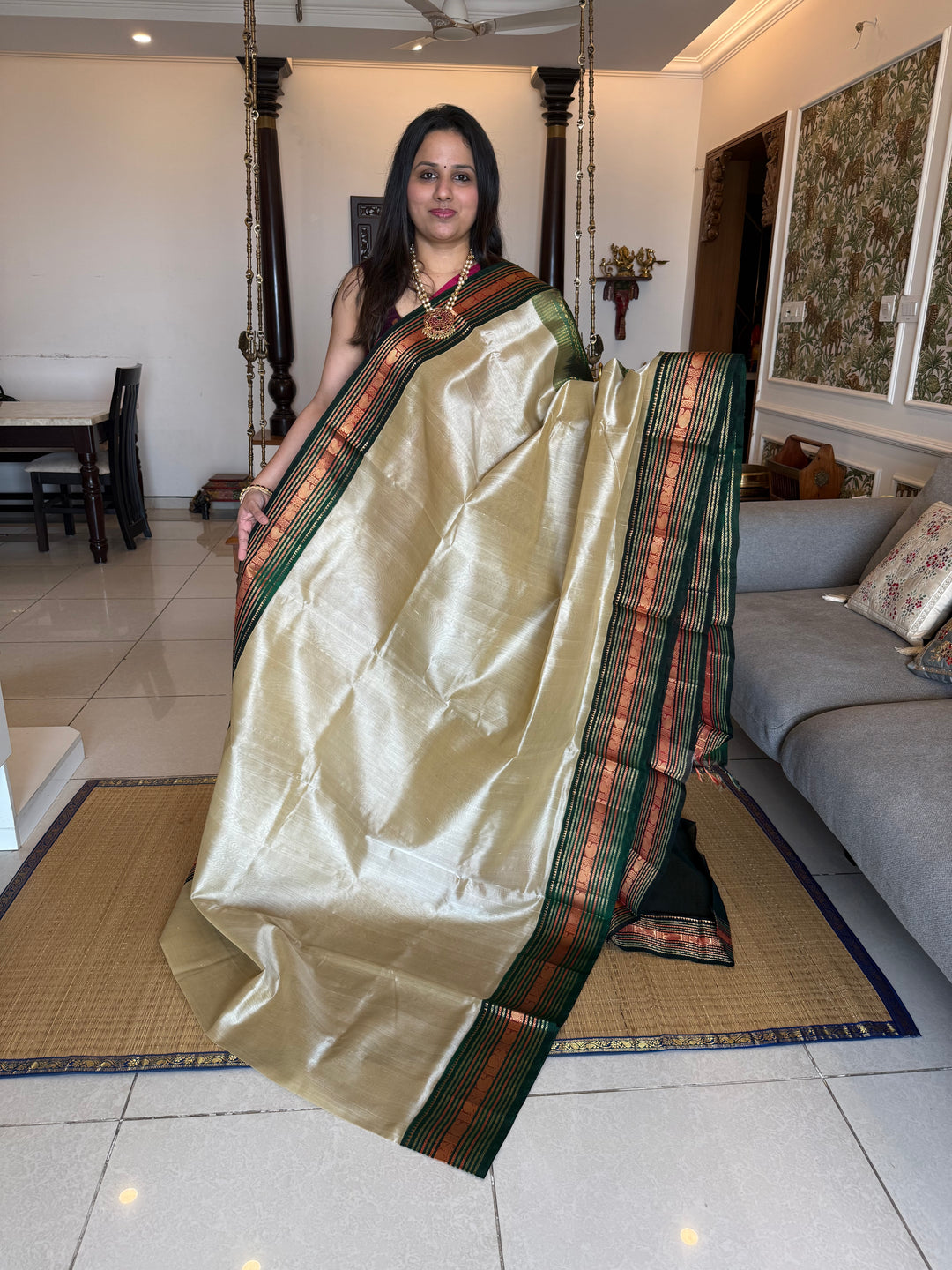 Offwhite with Green rich Kanchi border and grand  Pallu Korvai Silk Cotton Saree