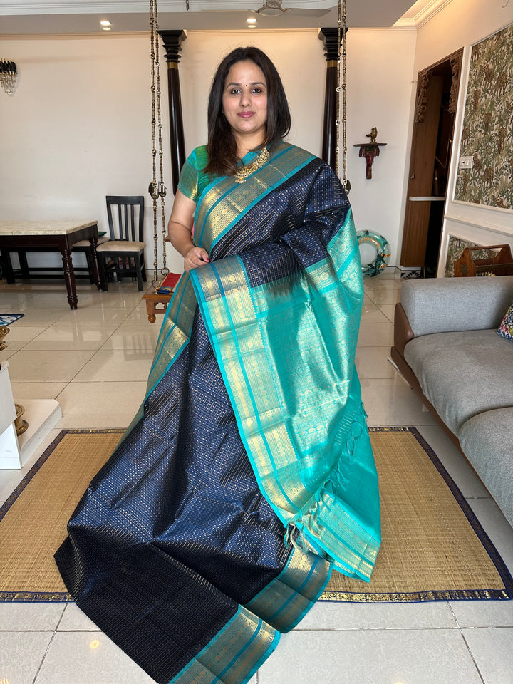 Dark Blue with Turquoise Blue Body Zari Lakshadeepam Silk Cotton Saree