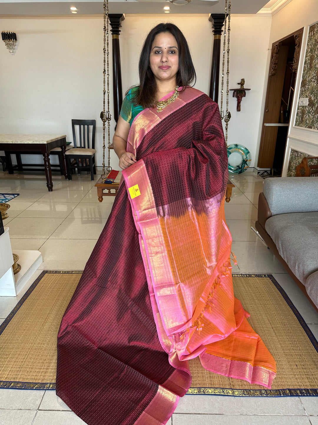 Maroon with Baby Pink Lakshadeepam Silk Cotton Saree