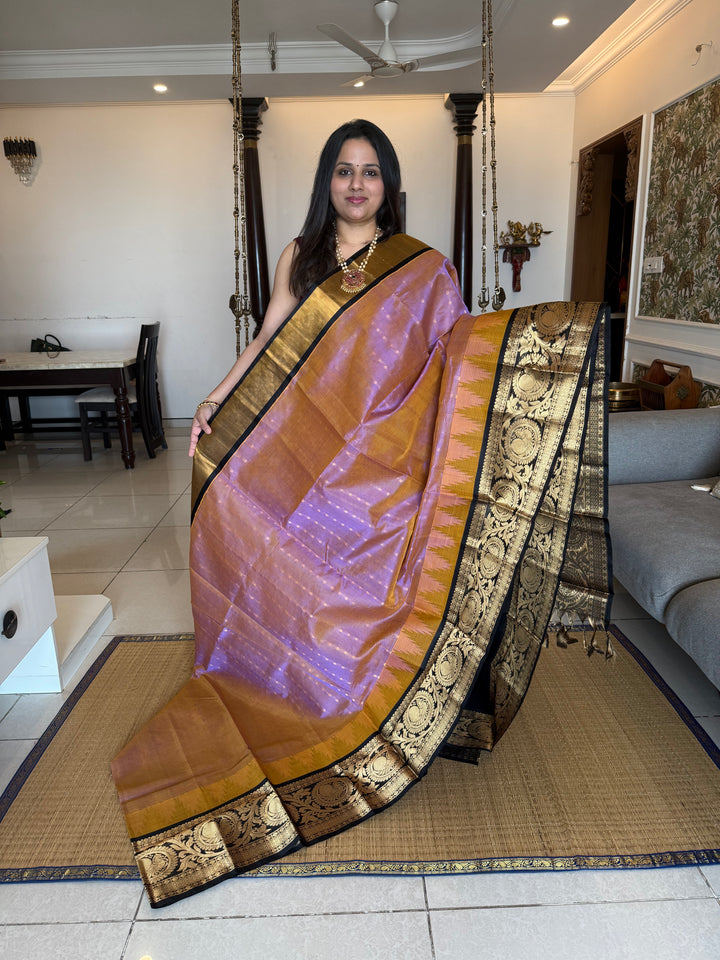 Lavender with Black , Zari Podi Kattam with butta in the body , one side rich temple big border ,and grand Pallu Korvai Silk Cotton Saree