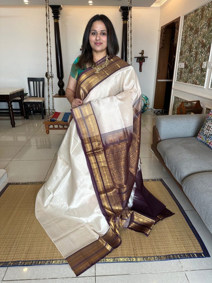 White with Coffee Brown Body Zari Lakshadeepam Silk Cotton Saree