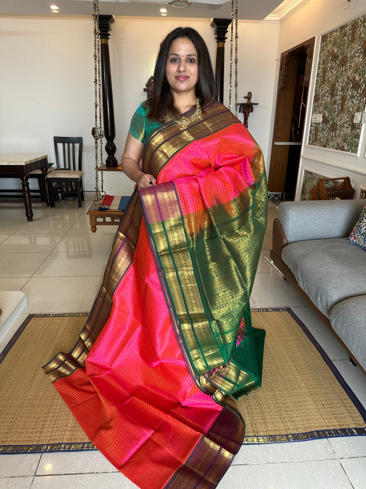 Pink with Green Body Zari Lakshadeepam Silk Cotton Saree