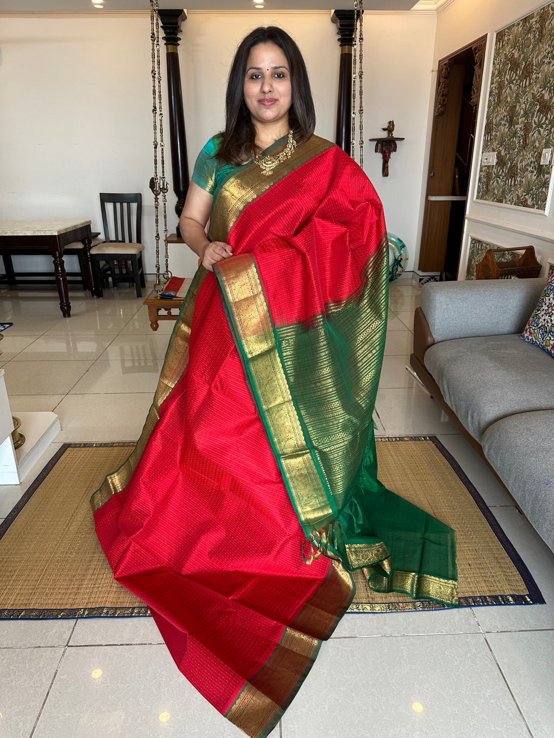 Red with Green Lakshadeepam Silk Cotton Saree