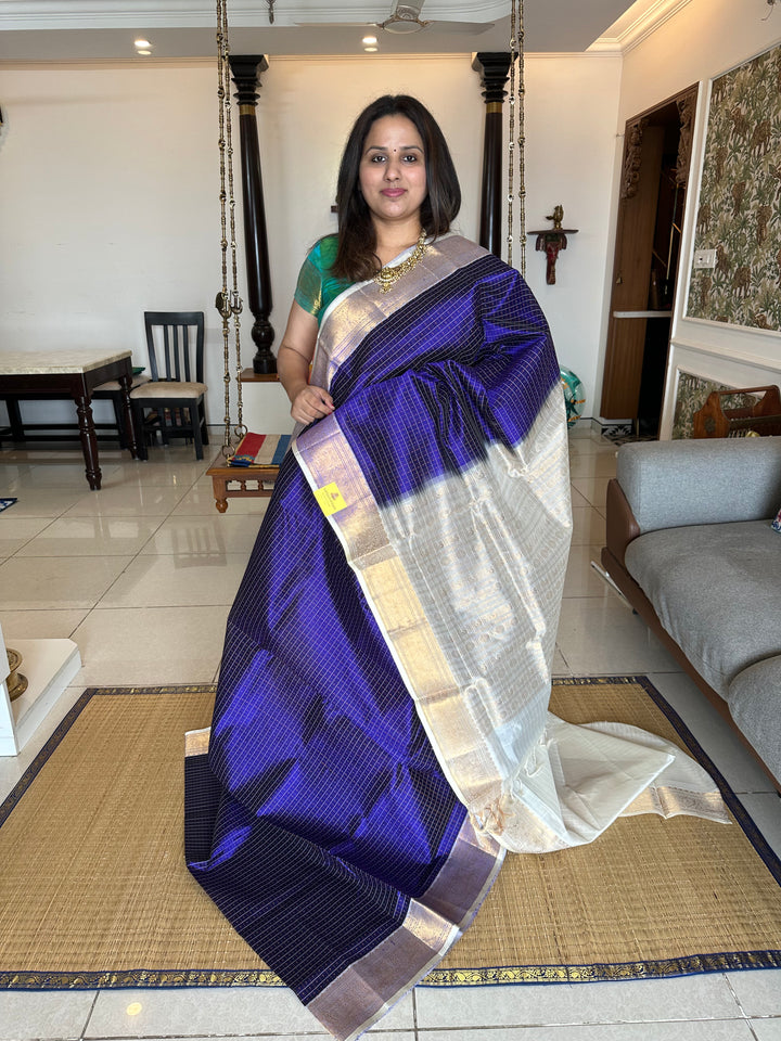 Blue with Offwhite Lakshadeepam Silk Cotton Saree