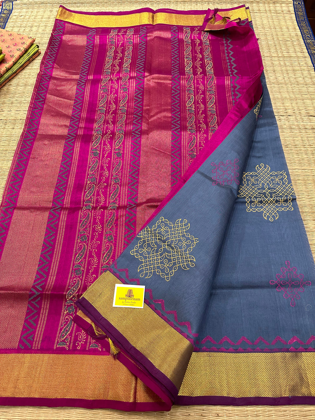 Grey with Purple Handblock Printed Silk Cotton Saree