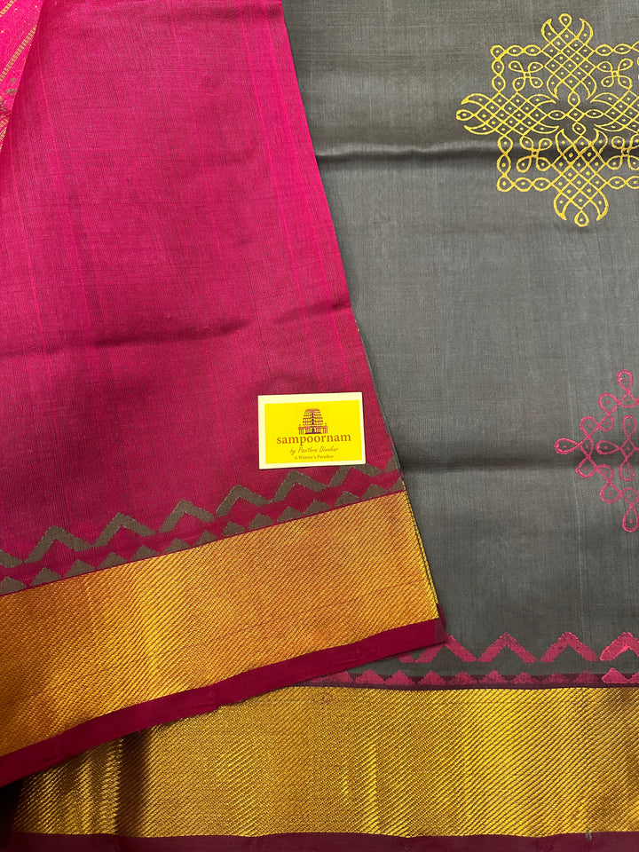 Grey with Purple Handblock Printed Silk Cotton Saree