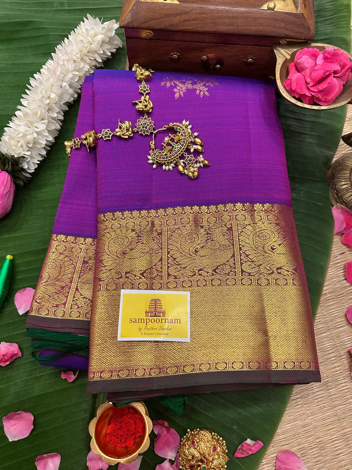 A Traditional Purple with Green Rich Pallu Zari Pure Kanjivaram Silk Saree