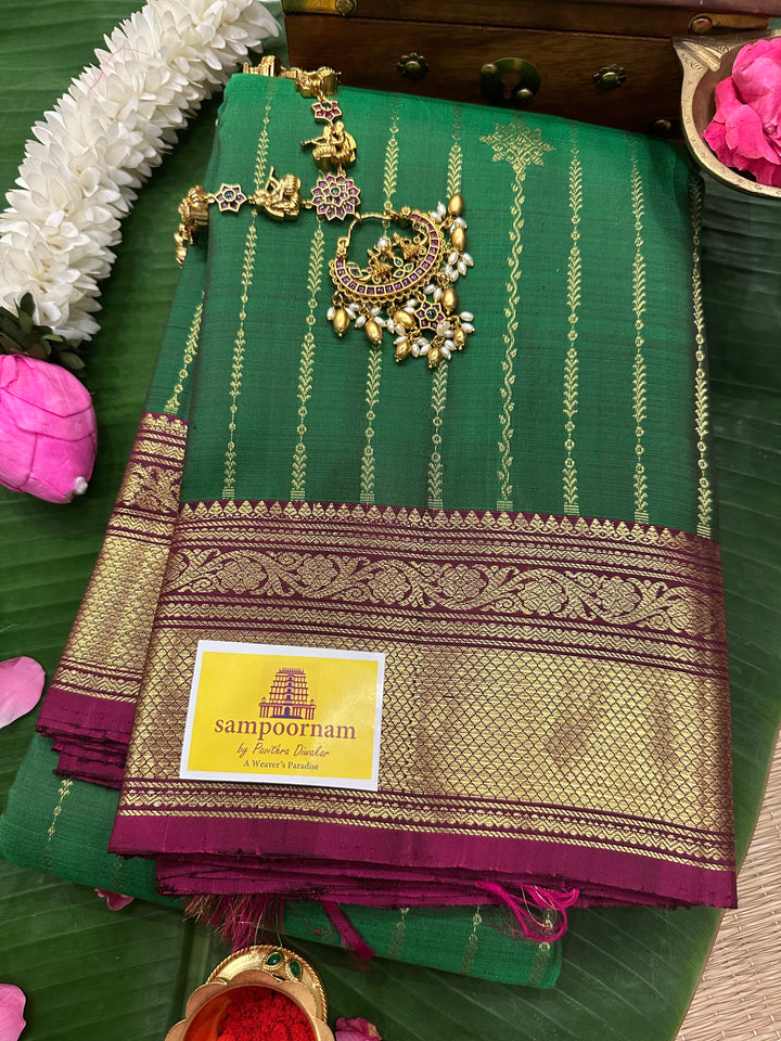 Green with Magenta Rich Zari Body and Rich Pallu Kanjivaram Silk Saree