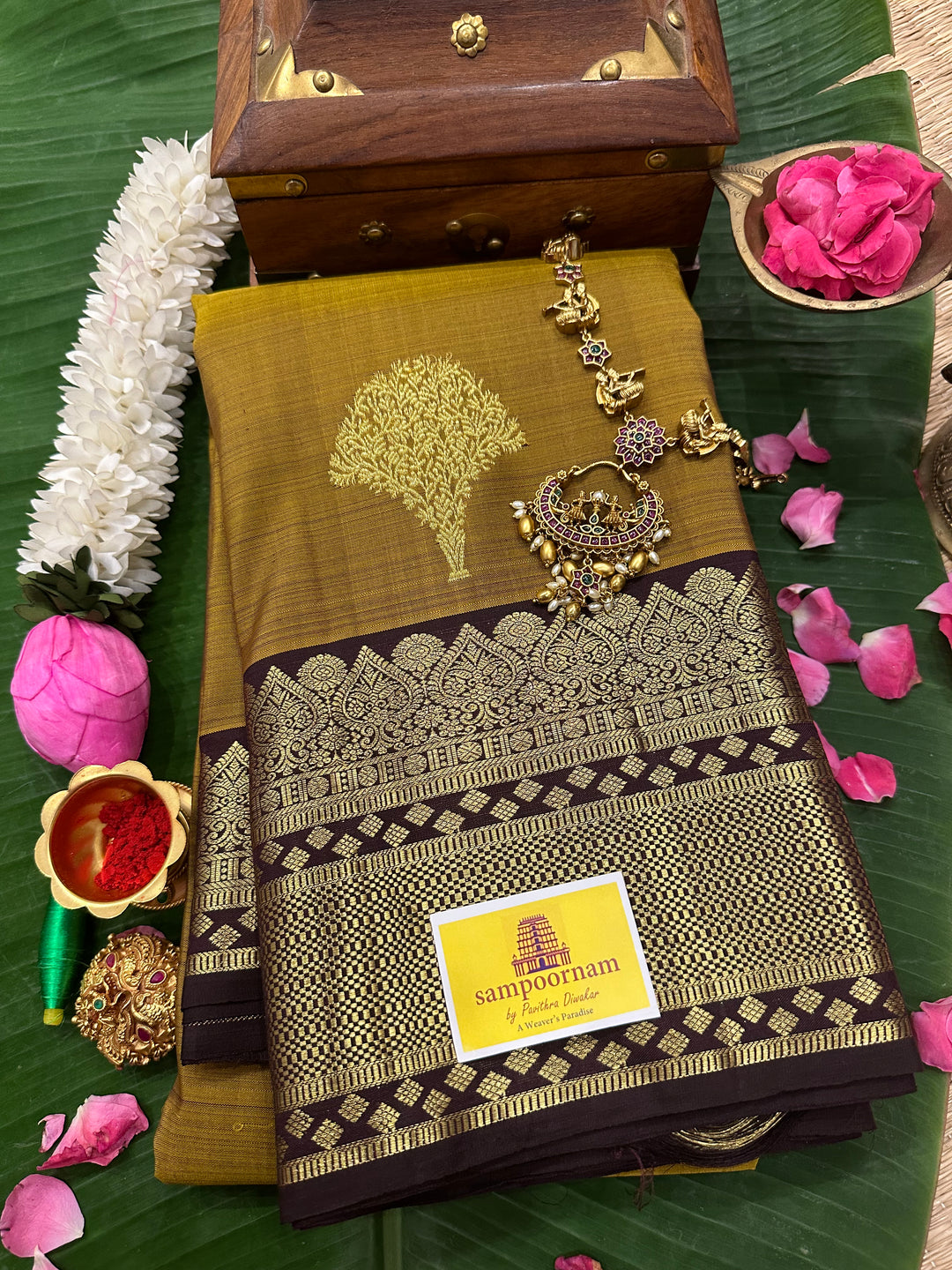 Fenugreek Vendhayam with Dark Coffee Brown Rich Butta and Grand Pallu Kanjivaram Silk Saree