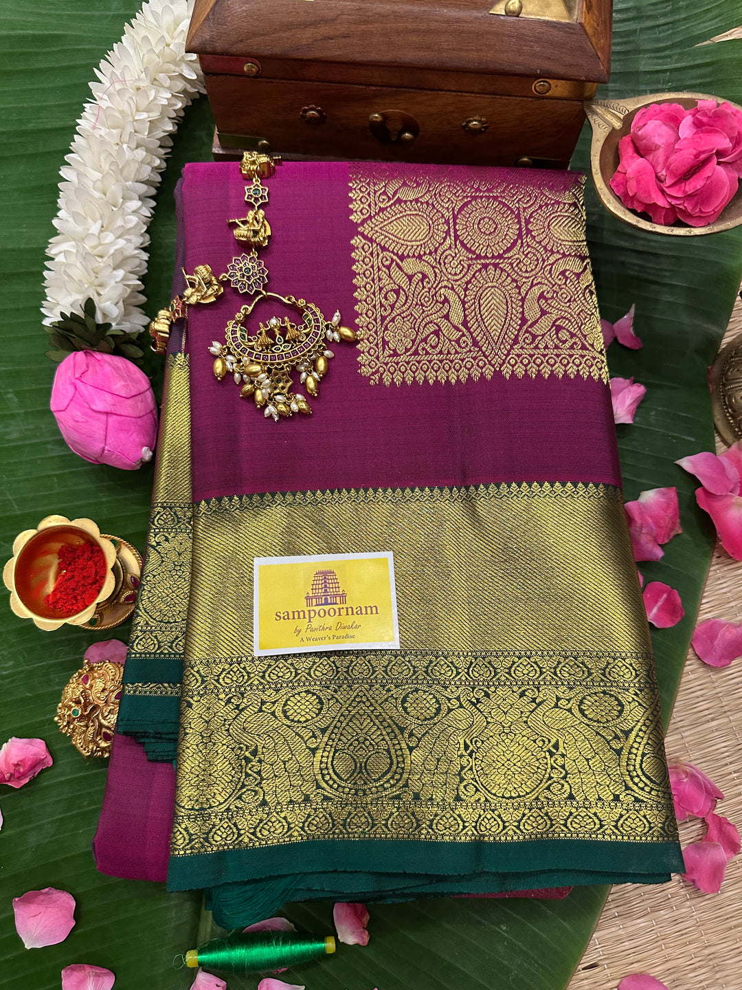 Magenta with Green Rich Butta and Grand Pallu Kanjivaram Silk Saree