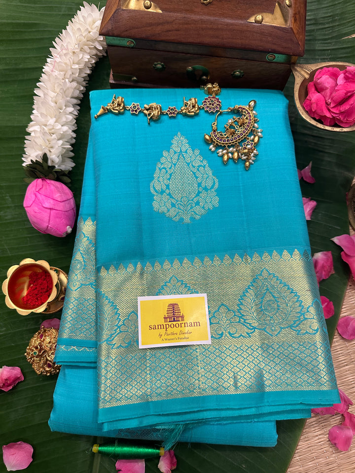 Sky Blue Rich Butta Grand Pallu Kanjivaram Silk Saree