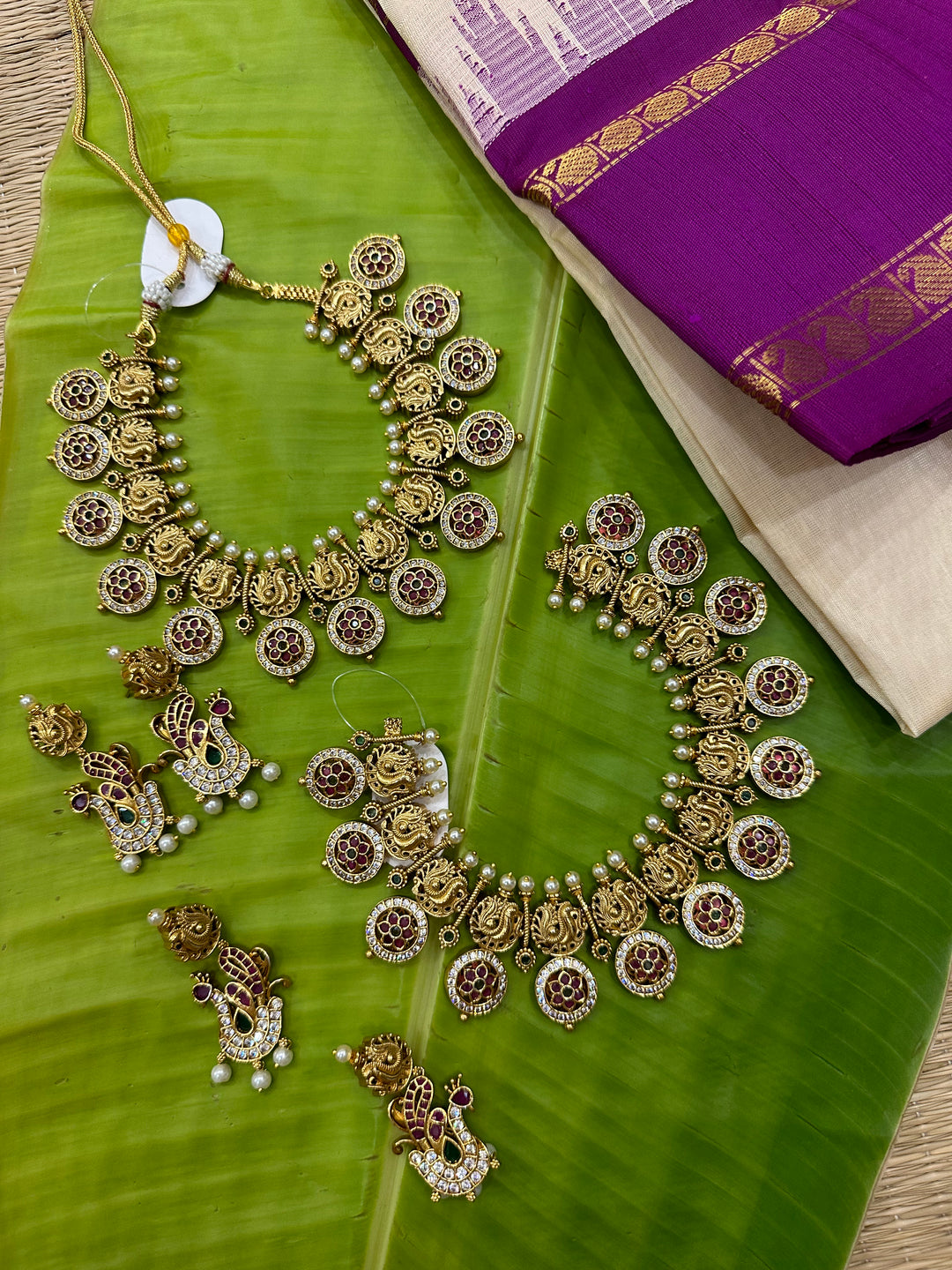 Traditional Temple Jewllery with Zircon, Red and Green Stones with Earing