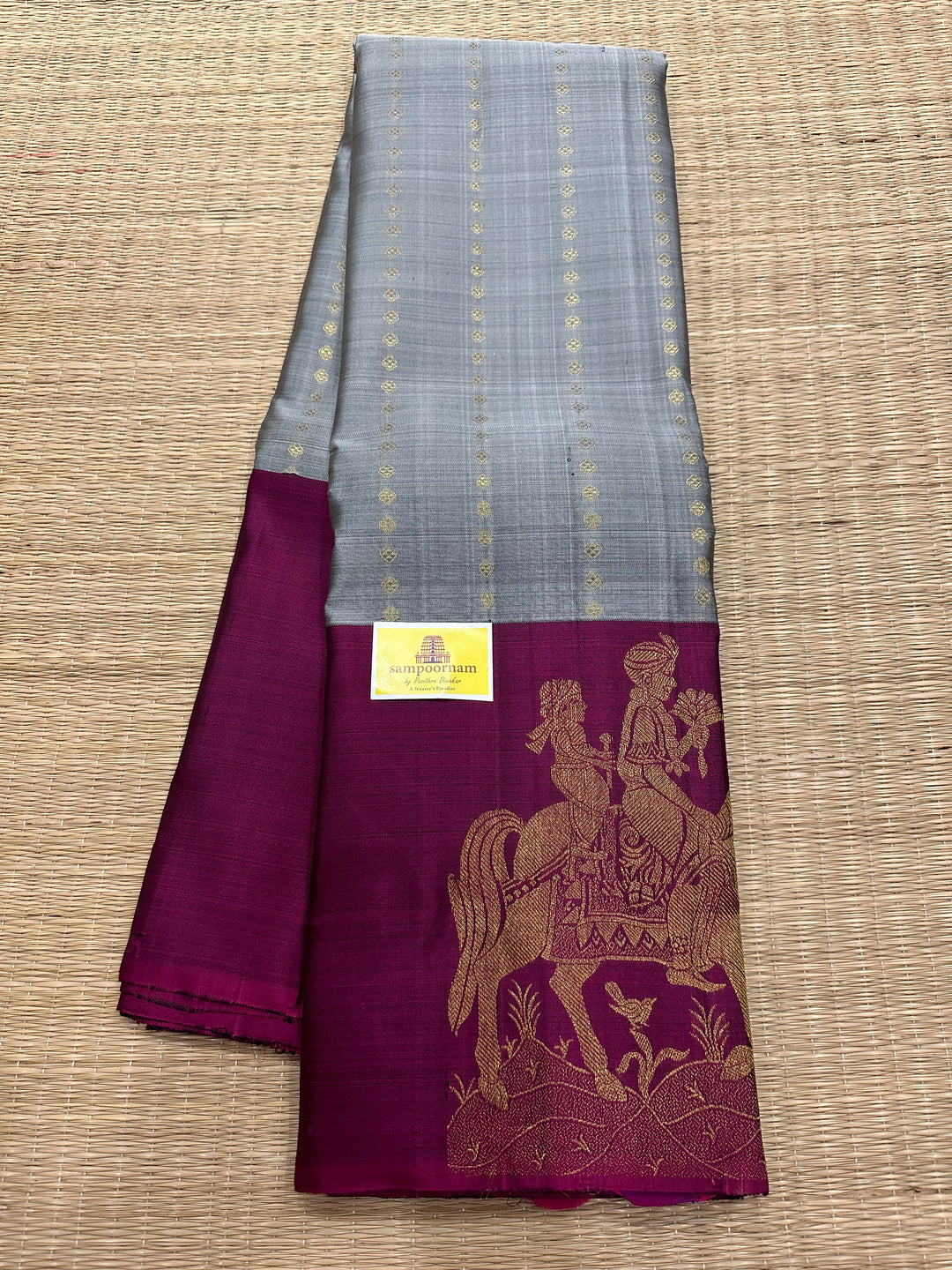 Grey with Magenta Vertical Zari Butta and Grand Pallu Kanjivaram Silk Saree