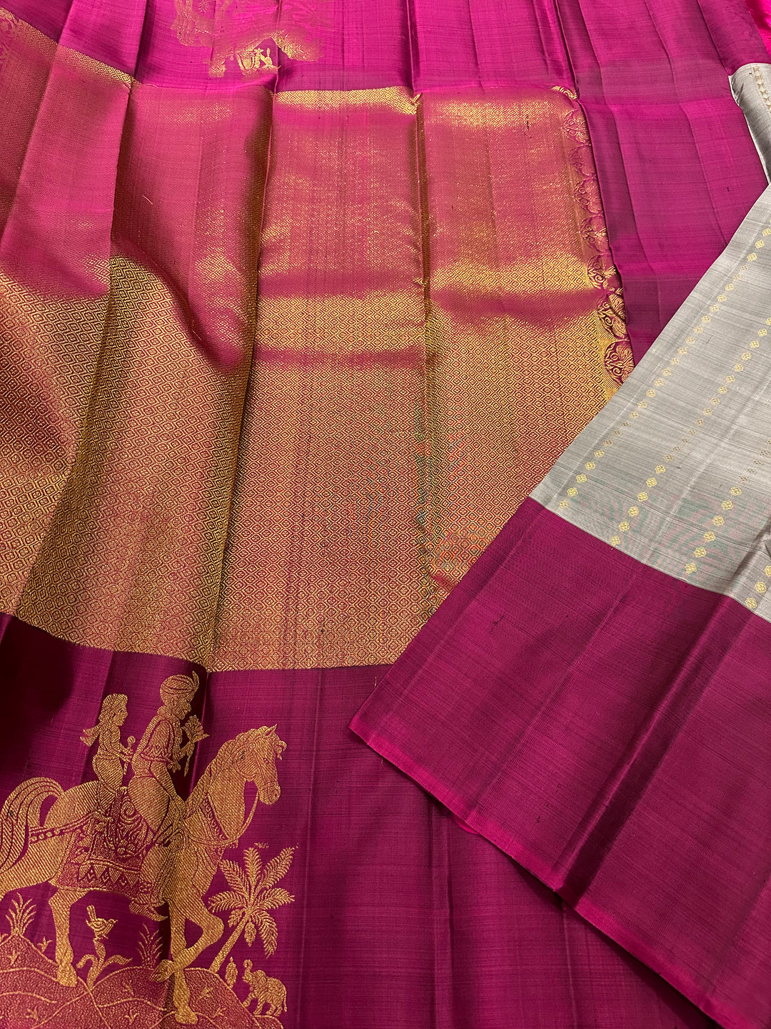 Grey with Magenta Vertical Zari Butta and Grand Pallu Kanjivaram Silk Saree