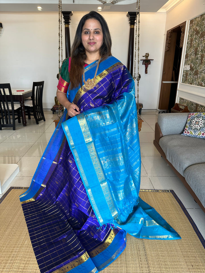 Dark Blue with Light Blue Zari Body Checks and Buttta Silk Cotton Saree