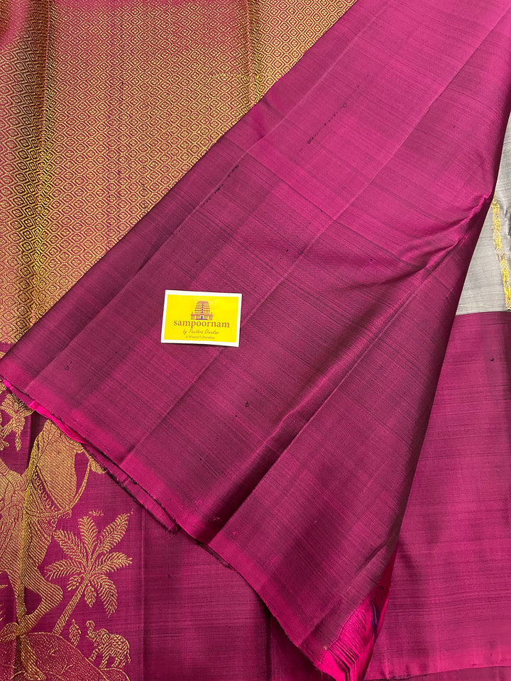 Grey with Magenta Vertical Zari Butta and Grand Pallu Kanjivaram Silk Saree