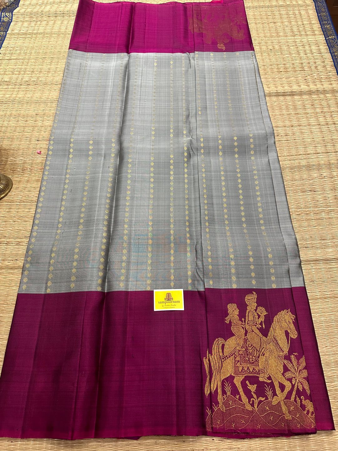 Grey with Magenta Vertical Zari Butta and Grand Pallu Kanjivaram Silk Saree