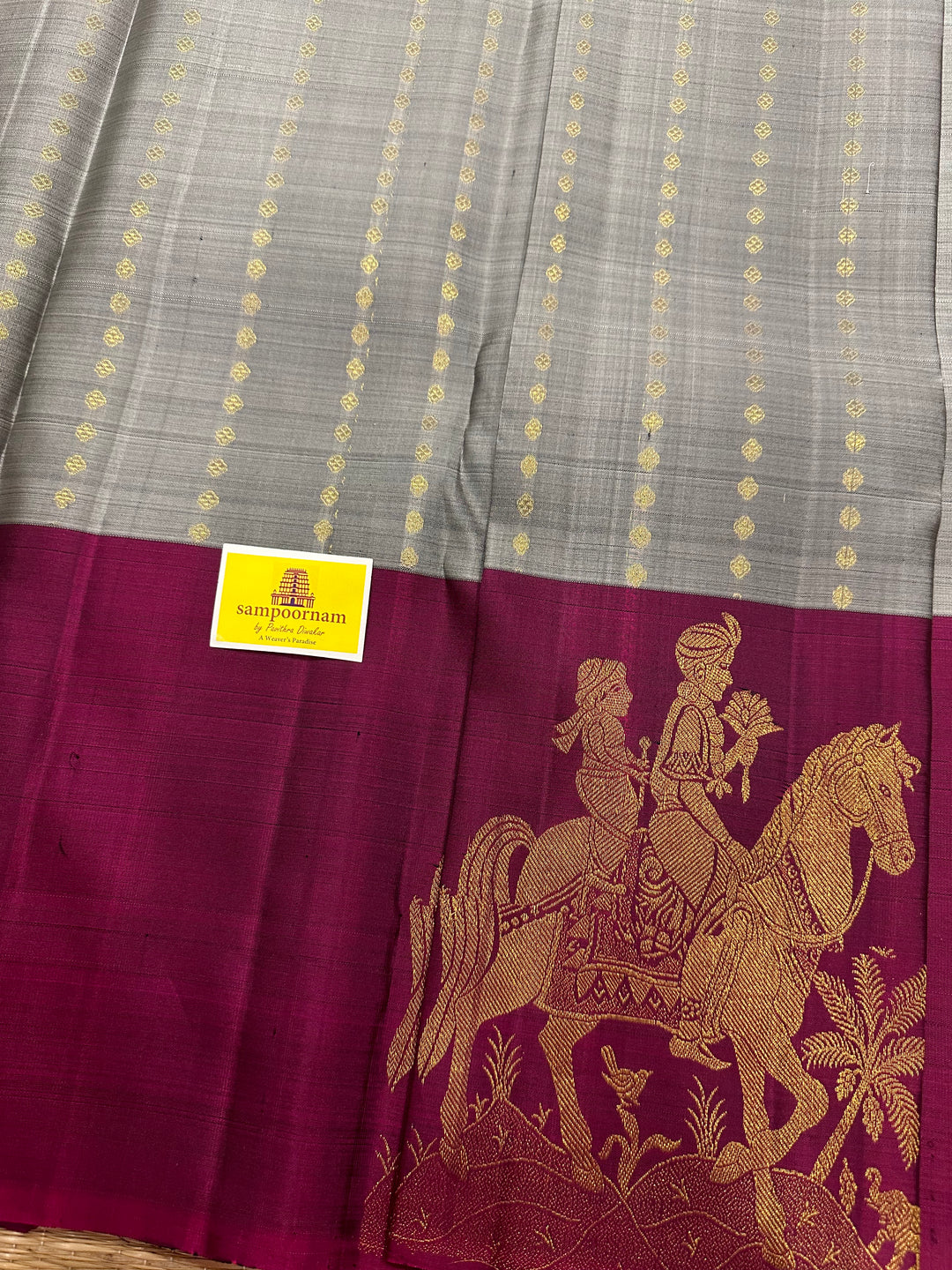 Grey with Magenta Vertical Zari Butta and Grand Pallu Kanjivaram Silk Saree