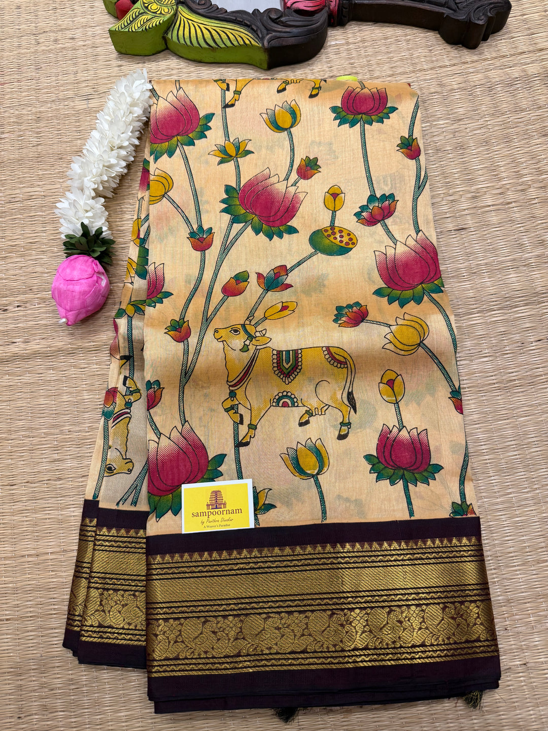 Light Gold with Brown Traditional Borders, and Rich Pallu Korvai Silk Cotton Saree