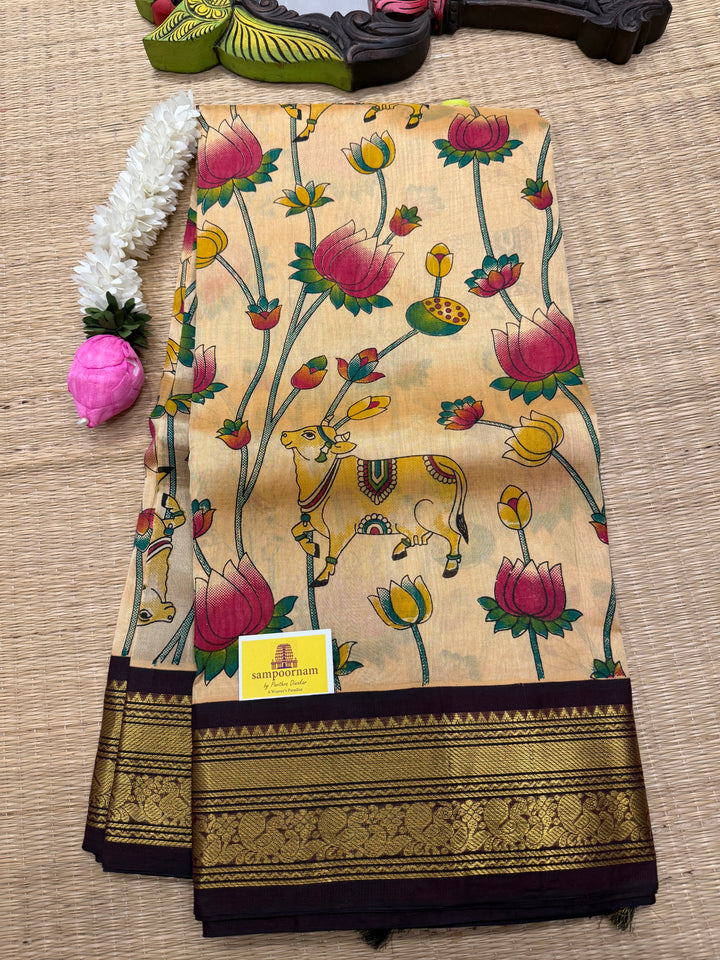 Light Gold with Brown Traditional Borders, and Rich Pallu Korvai Silk Cotton Saree