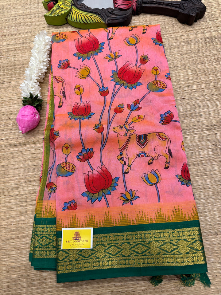 Pink with Green Traditional Temple Borders, and Rich Pallu Korvai Silk Cotton Saree