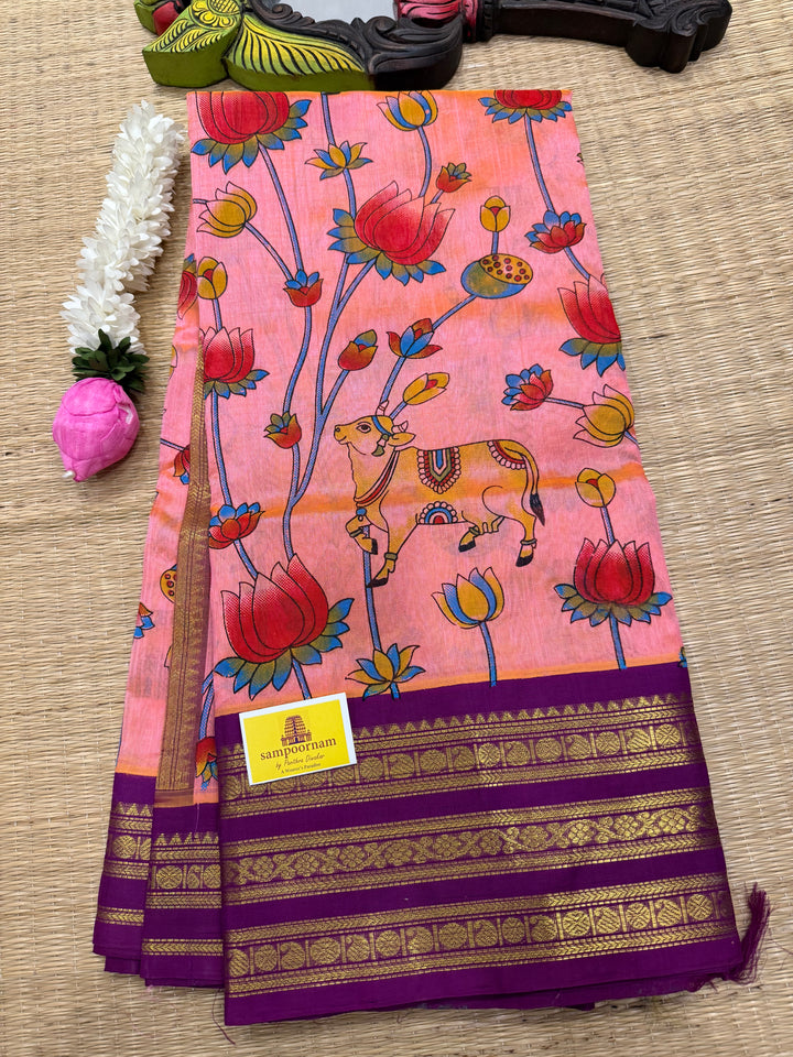 Pink with Magenta traditional rich borders and grand Pallu , Pichwai printed Korvai Silk Cotton Saree