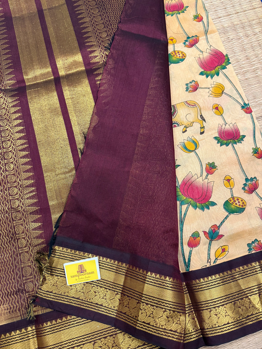 Light Gold with Brown Traditional Borders, and Rich Pallu Korvai Silk Cotton Saree