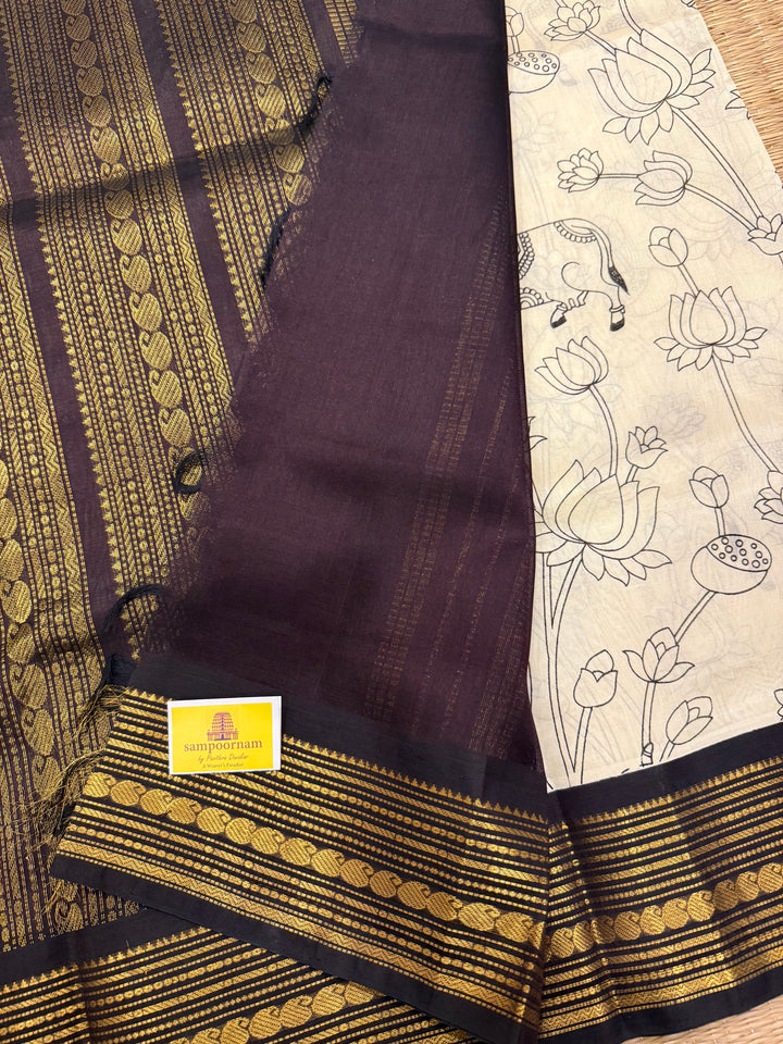 Offwhite with Brown traditional borders and  rich Pallu , Pichwai outline printed Korvai Silk Cotton Saree