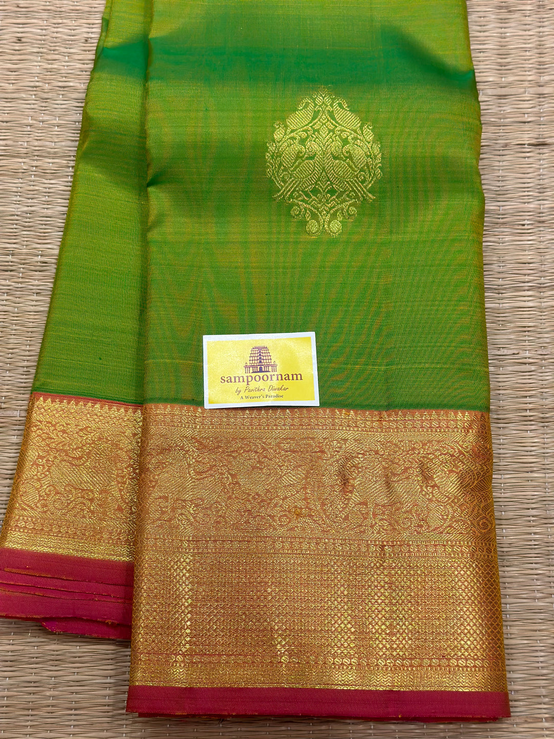 Light Green with Orangish Pink Rich Butta with Grand Pallu Kanjivaram Silk Saree