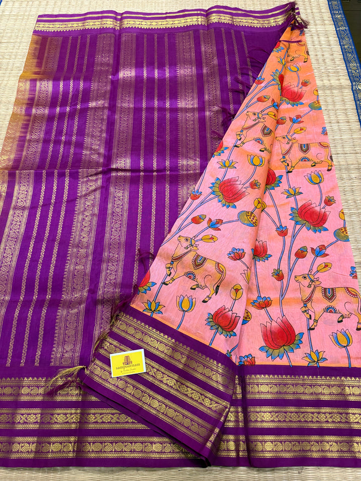 Pink with Magenta traditional rich borders and grand Pallu , Pichwai printed Korvai Silk Cotton Saree