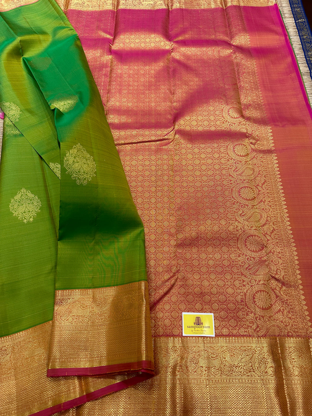 Light Green with Orangish Pink Rich Butta with Grand Pallu Kanjivaram Silk Saree