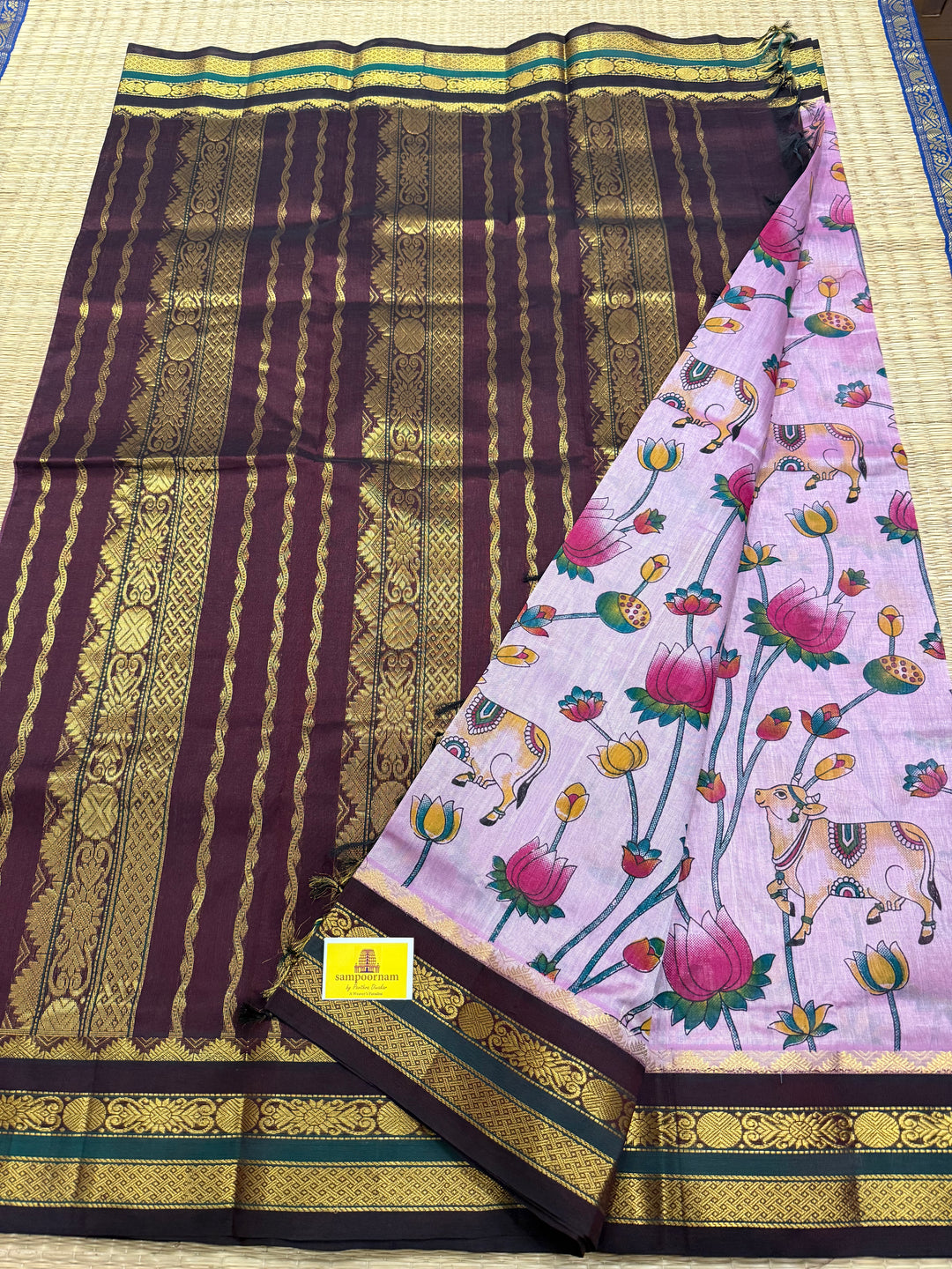 Lavender with Brown traditional borders and rich Pallu , Pichwai printed Korvai Silk Cotton Saree