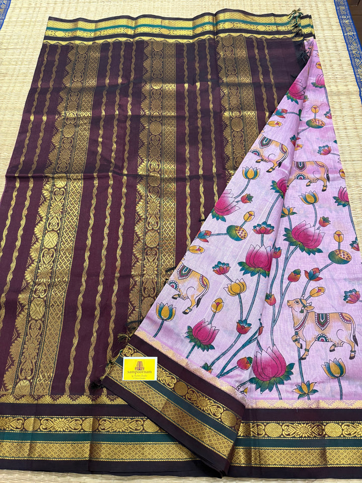 Lavender with Brown traditional borders and rich Pallu , Pichwai printed Korvai Silk Cotton Saree
